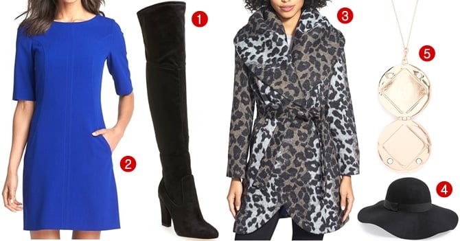 Get Kimberly Wyatt's look with thigh-high boots, a bold A-line dress, a leopard-print coat, a floppy hat, and a pendant necklace for an effortlessly chic ensemble