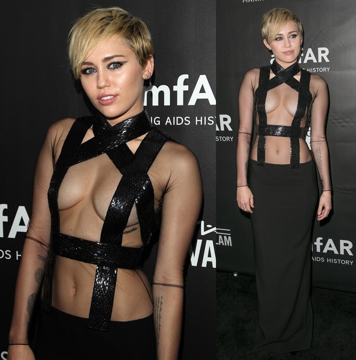 At the amfAR Inspiration LA Gala, Miley Cyrus wore a Tom Ford dress with a completely sheer bodice and carefully positioned straps, taking a daring approach to fashion for the evening