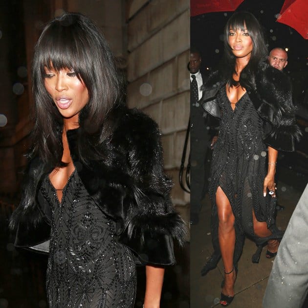 Naomi Campbell looks stunning in a sparkling beaded dress paired with a sleek black clutch and elegant black ankle-strap sandals