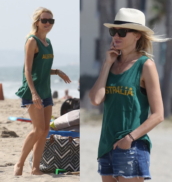 Naomi Watts rocked distressed denim shorts and accessorized with simple flip flops, a short-brimmed straw hat, and a Louis Vuitton tote