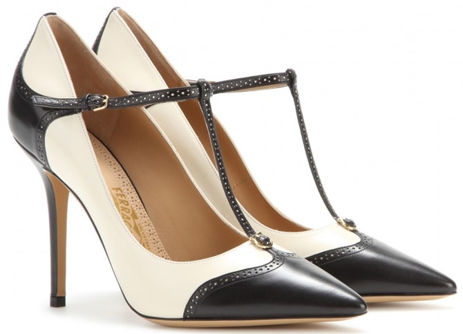 salvatore ferragamo nalia two tone t strap pointy pumps 7