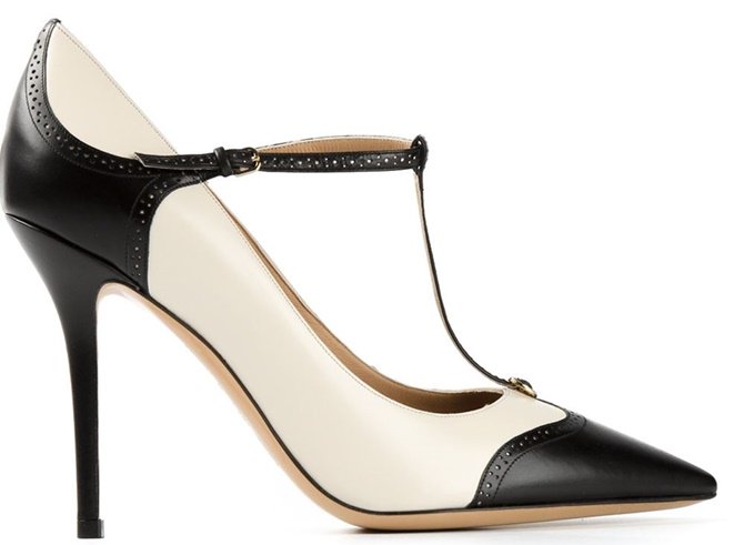 salvatore ferragamo nalia two tone t strap pointy pumps