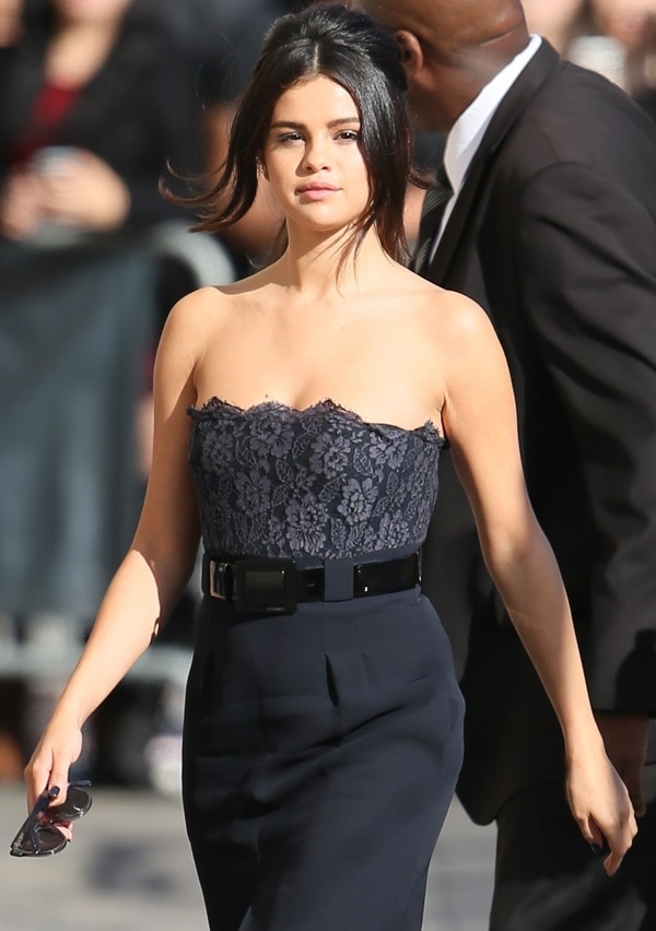 American actress Selena Gomez arrives in a seductive Chanel dress at the Jimmy Kimmel Live! show in Hollywood on October 15, 2014