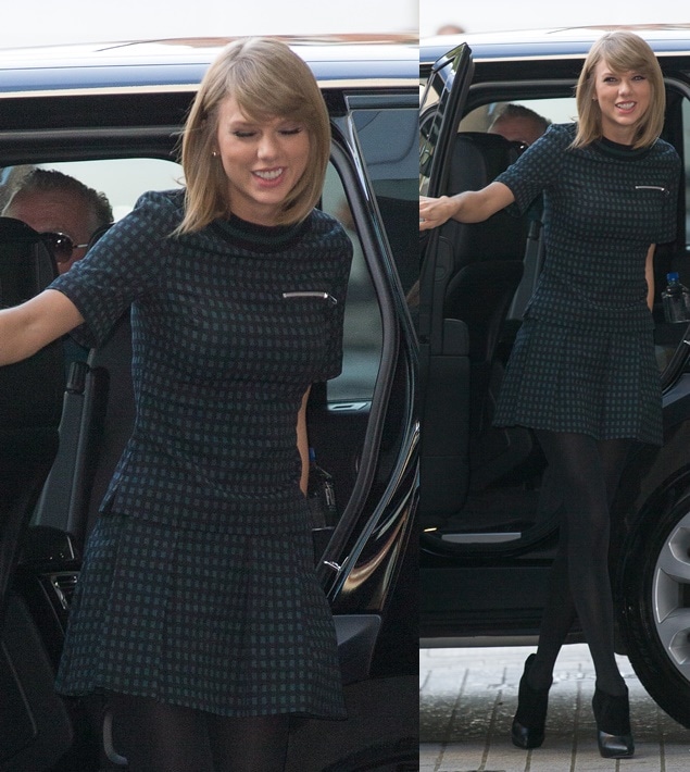 Taylor Swift in a dark checkered mini dress by Timo Weiland