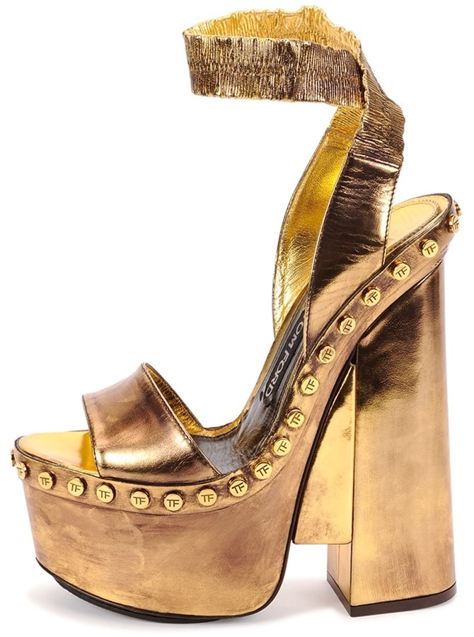 Tom Ford Metallic Ankle-Wrap Platform Sandals