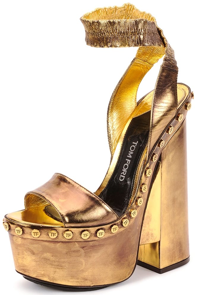 Tom Ford Metallic Ankle-Wrap Platform Sandals