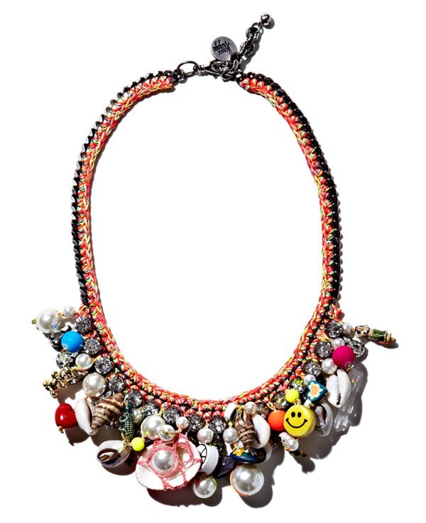 Mixed-media magic meets surfer-girl style in this wonderfully whimsical necklace fashioned with lavish threading, a chunky chain and a riotous profusion of tiny treasures