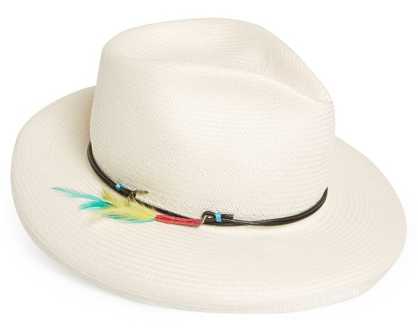 Lure them all in with a snappy white fedora styled by a slim leather cord, a gleaming fish hook and an insouciant spray of bright feathers.