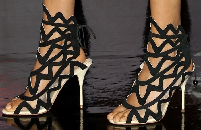 Alesha Dixon showed off her feet in cage sandals with playful squiggles by Sophia Webster