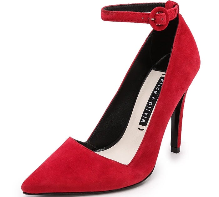 An angular top line and pointed toe lend a polished look to brushed suede alice + olivia pumps