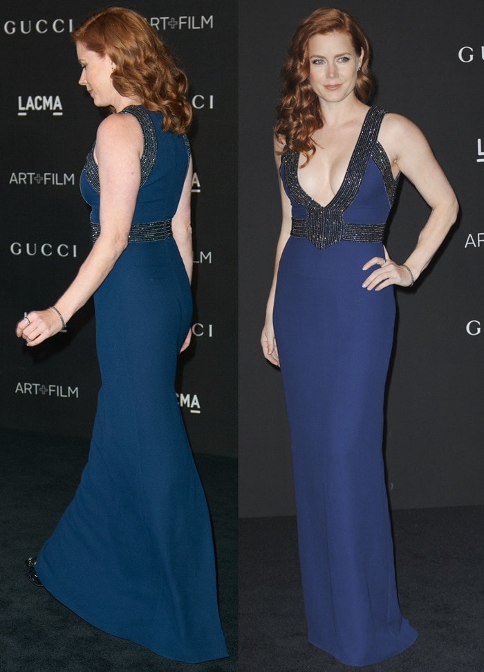 Amy Adams in a daring blue gown at the 2014 LACMA Art + Film Gala honoring Barbara Kruger and Quentin Tarantino presented by Gucci at LACMA in Los Angeles on November 1, 2014