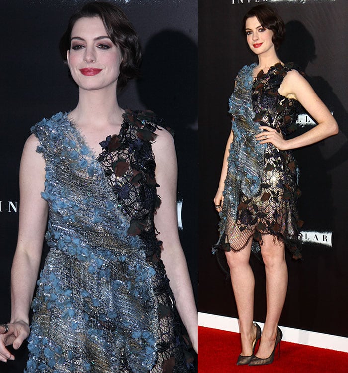Anne Hathaway's Rodarte Spring 2015 dress features hand-painted slate-blue fabric, embroidered lace, macramé lace, sequins, and Swarovski crystals