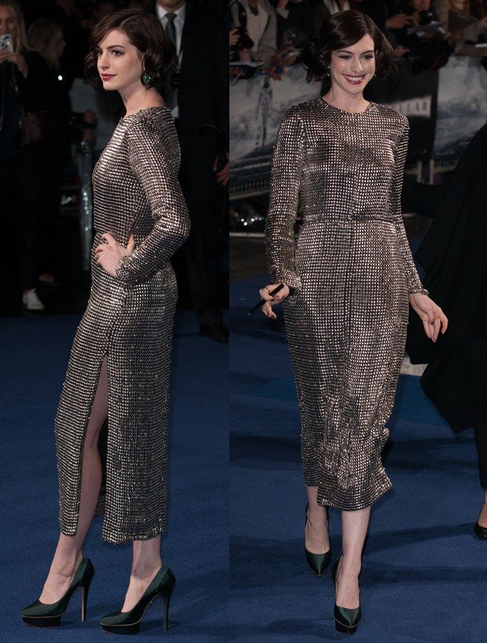 Anne Hathaway in a Swarovski-crystal-embroidered dress from the Wes Gordon Spring 2015 collection