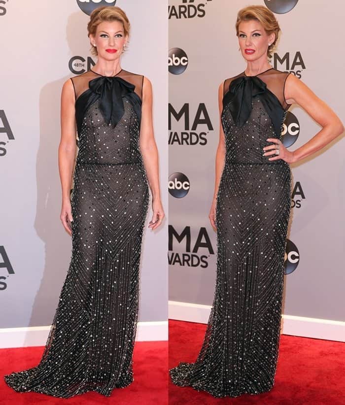 Faith Hill in a Naeem Khan metallic chevron-beaded gown with a black bow at the bust at the 48th Annual CMA Awards