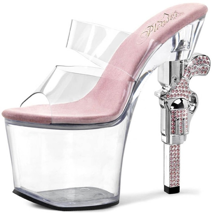 Pleaser USA Clear-Platform Sandals with Pink Rhinestones and Revolver-Shaped 7 Inch Heels