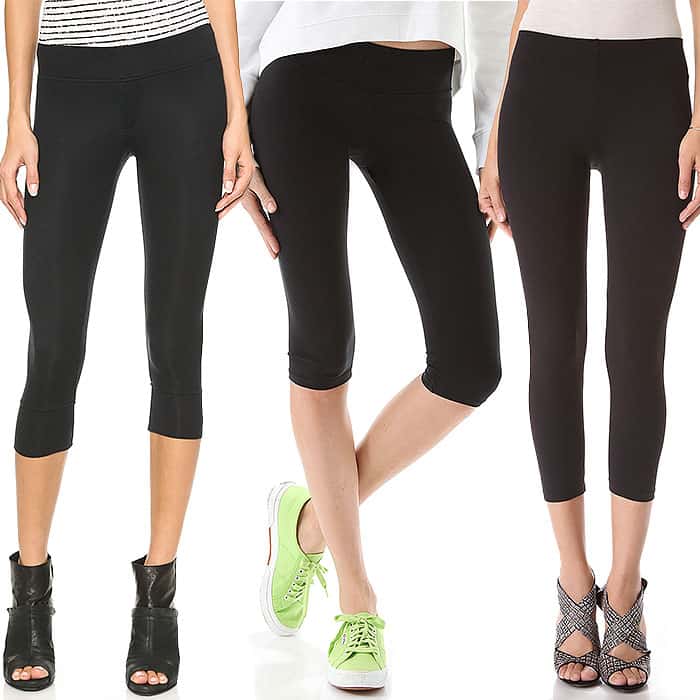A selection of black cropped leggings styled with different types of footwear, showcasing their versatility for various looks, featuring brands like ATM Anthony Thomas Melillo, SOLOW, and David Lerner