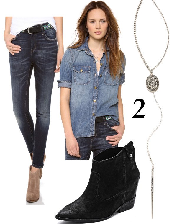 Tough Denim Top + Pointy Toe Bootie = Chic Cowgirl