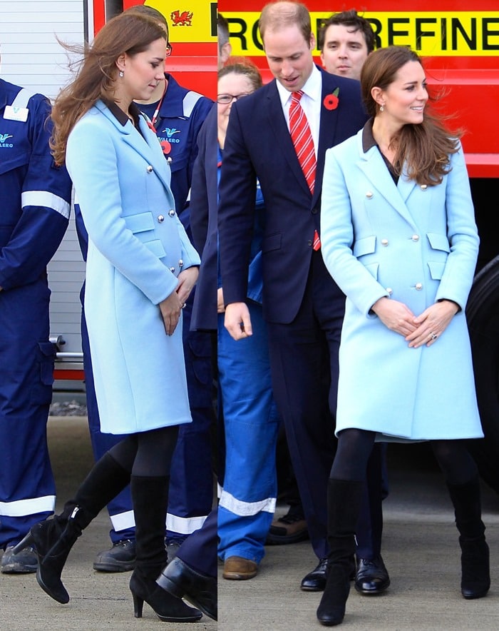 Kate Middleton conceals her baby bump in a light blue coat from the Matthew Williamson Fall 2014 Collection