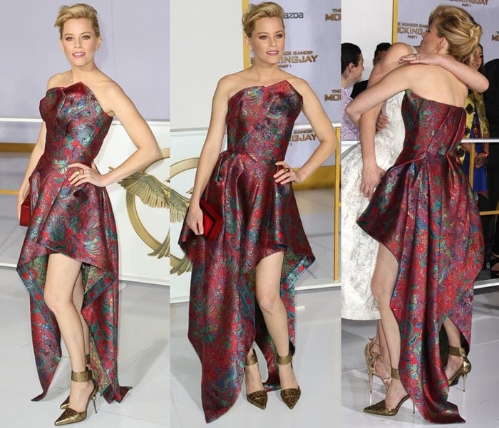 Elizabeth Banks wearing a strapless paisley-print gown from the Leonard Fall 2014 collection