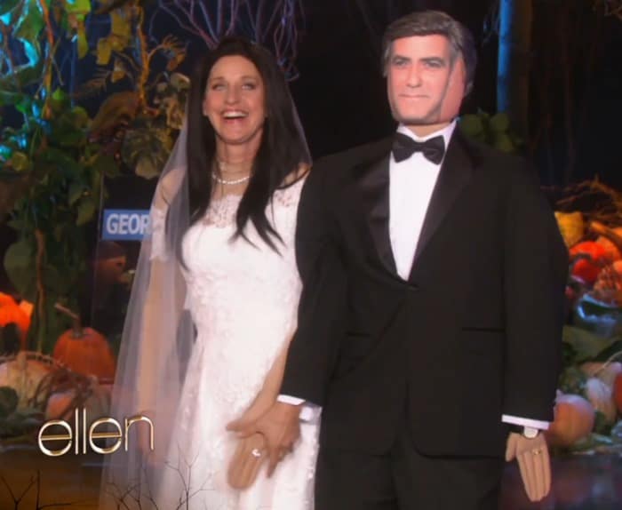 Ellen DeGeneres dressed up in full bridal attire, complete with a flowing black wig and veil, to portray Clooney's wife