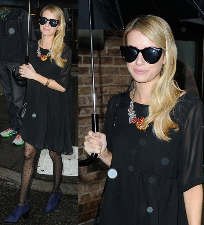 Emma Roberts wears a black Elkin Callie chiffon dress in Tribeca, New York City