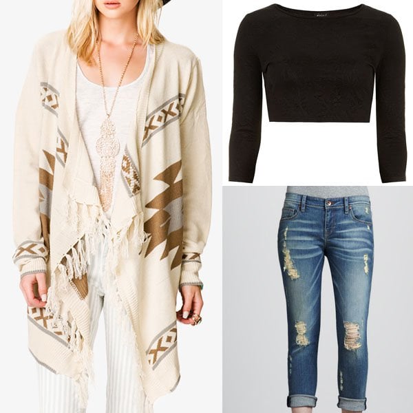Forever 21 Out West Fringed Cardigan / Dorothy Perkins Black Cropped Top / Sinclair Brooks Dangerous Wash Boyfriend Jeans