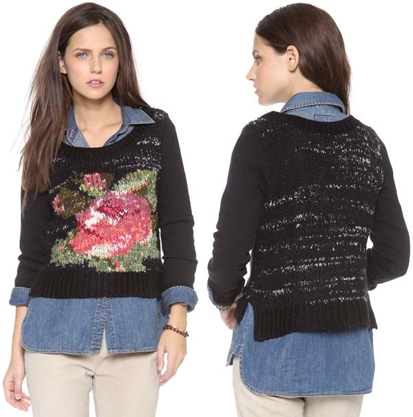 An impressionist rose adds a pop of color to a cozy Free People sweater