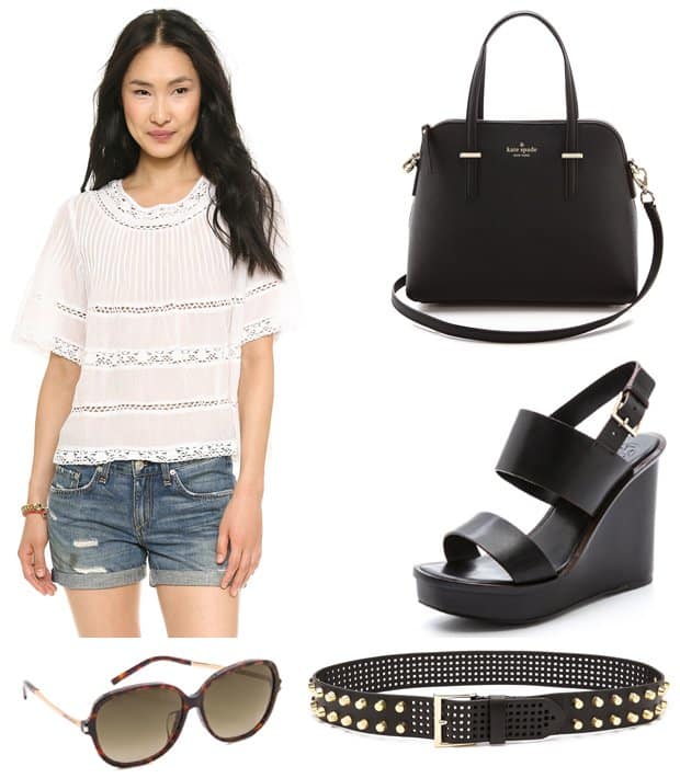 Love Sam Lace Blouse, $150.00 / Linea Pelle Bevel Stud Hip Belt, $132.00 / Tory Burch Lexington Wedge Sandals, $325.00 / Kate Spade New York Cedar Street Maise Cross Body Bag, $298.00 / Saint Laurent Special Fit Gradient Sunglasses, $350.00