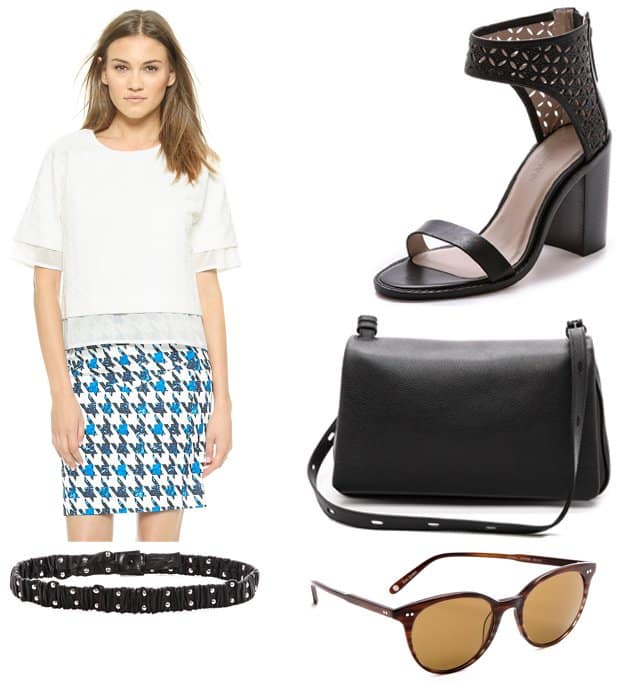 findersKEEPERS One Life Top, $140.00 / Deborah Drattell Floria Stud Stretch Belt, $180.00 / Zimmermann Lattice Sandals, $395.00 / Kara Classic Messenger Bag, $630.00 / Garrett Leight Dillion Sunglasses, $315.00