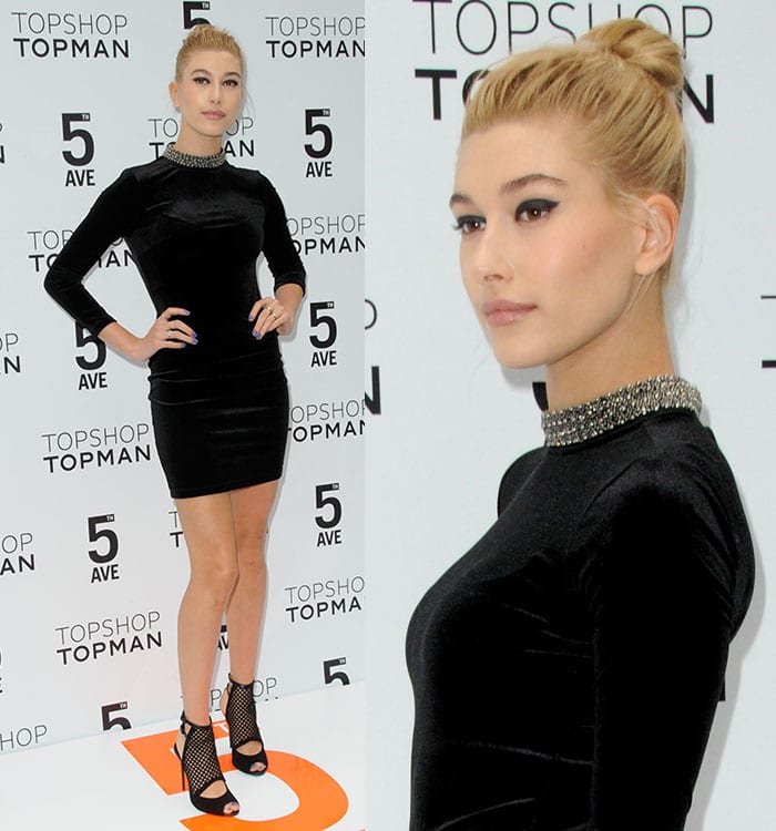 Hailey Baldwin styled her hair up in a simple bun and finished her dolled-up look with winged eyeliner to accentuate her eyes