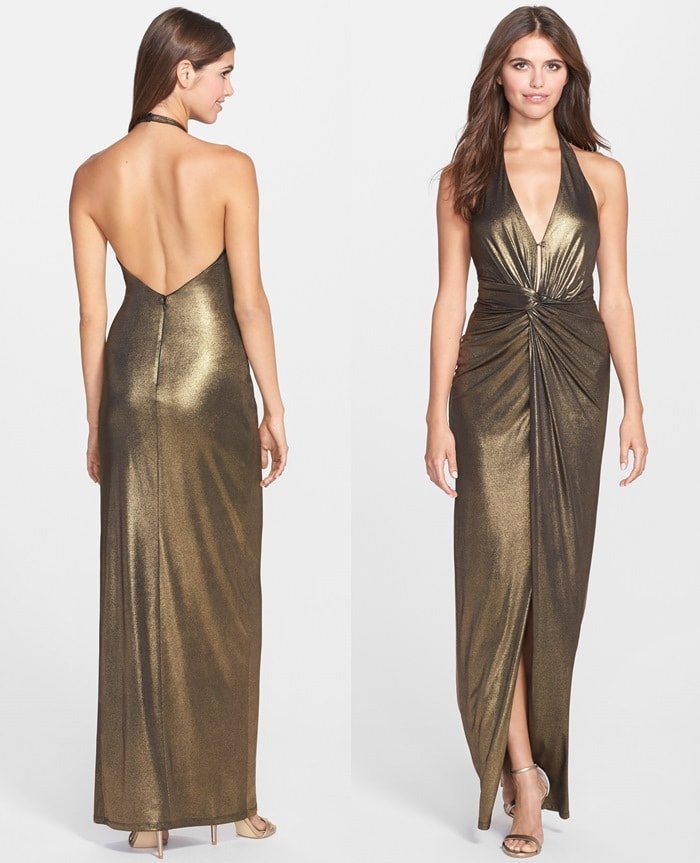 Halston Heritage Metallic Twist-Front Halter Gown