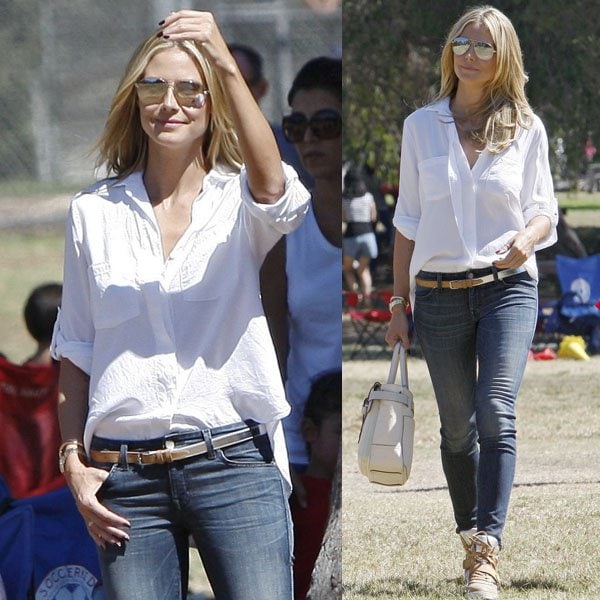 Elegance Simplified: Heidi Klum perfects casual chic with a crisp white shirt paired with jeans