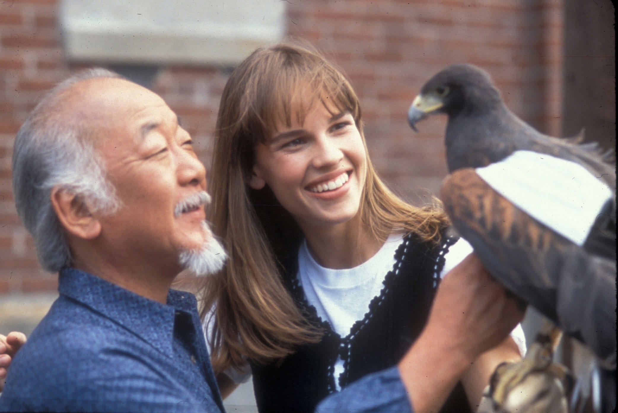 Hilary Swank as Julie Pierce and Noriyuki "Pat" Morita as Mr. Miyagi in The Next Karate Kid