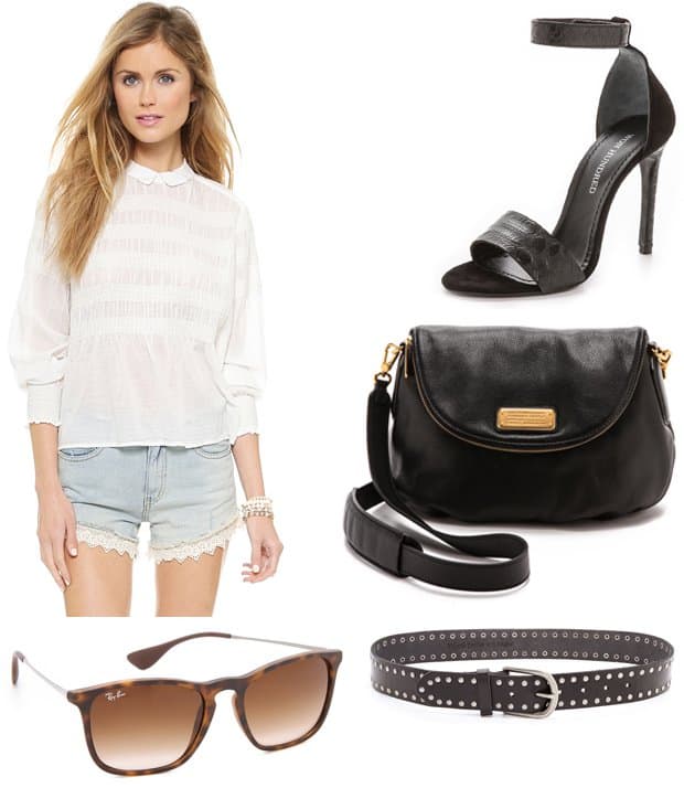 Free People Knock on Wood Top, $84.00 / Linea Pelle Nico Studded Belt, $132.00 / Won Hundred Alva Ankle Strap Sandal, $255.50 / Marc by Marc Jacobs New Q Natasha Bag, $368.00 / Ray-Ban New Youngster Sunglasses, $115.00