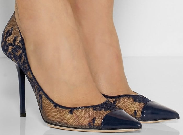 Jimmy Choo gives these midnight-blue lace pumps a modern update with patent-leather trims and a pointed toe