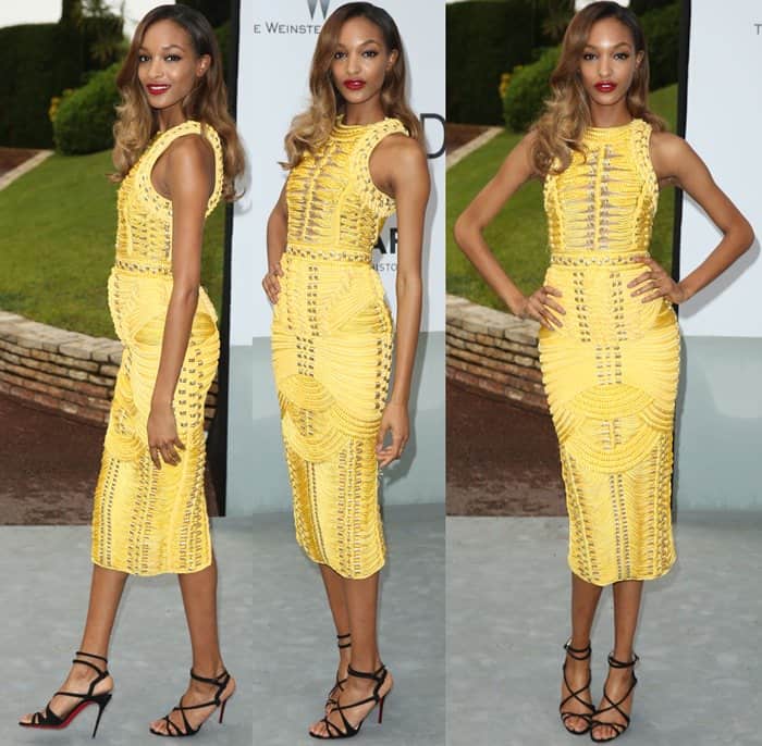 Jourdan Dunn looked radiant in a yellow Balmain woven dress at the amfAR Gala, complementing the bold design with strappy black Christian Louboutin sandals at the annual amfAR Cinema Against AIDS Gala