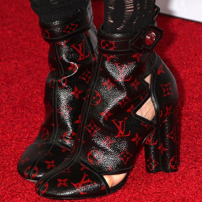 Louis Vuitton Spring 2015 red monogrammed cutout boots on Julianne Moore