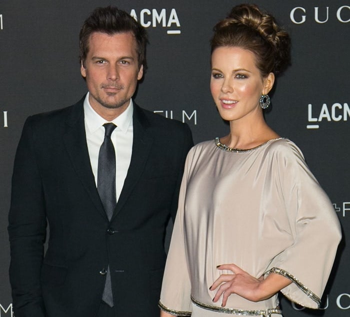 Len Wiseman and Kate Beckinsale on the black carpet at the 2014 LACMA Art + Film Gala honoring Barbara Kruger and Quentin Tarantino presented by Gucci at LACMA in Los Angeles on November 1, 2014