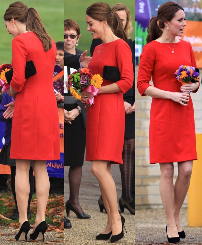 Kate Middleton flaunts her legs in a custom red crepe dress from Katherine Hooker