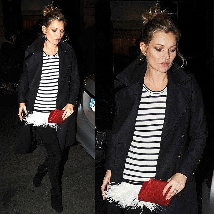 Kate Moss arriving for the reveal of Burberry's holiday window display at the Parisian department store Printemps