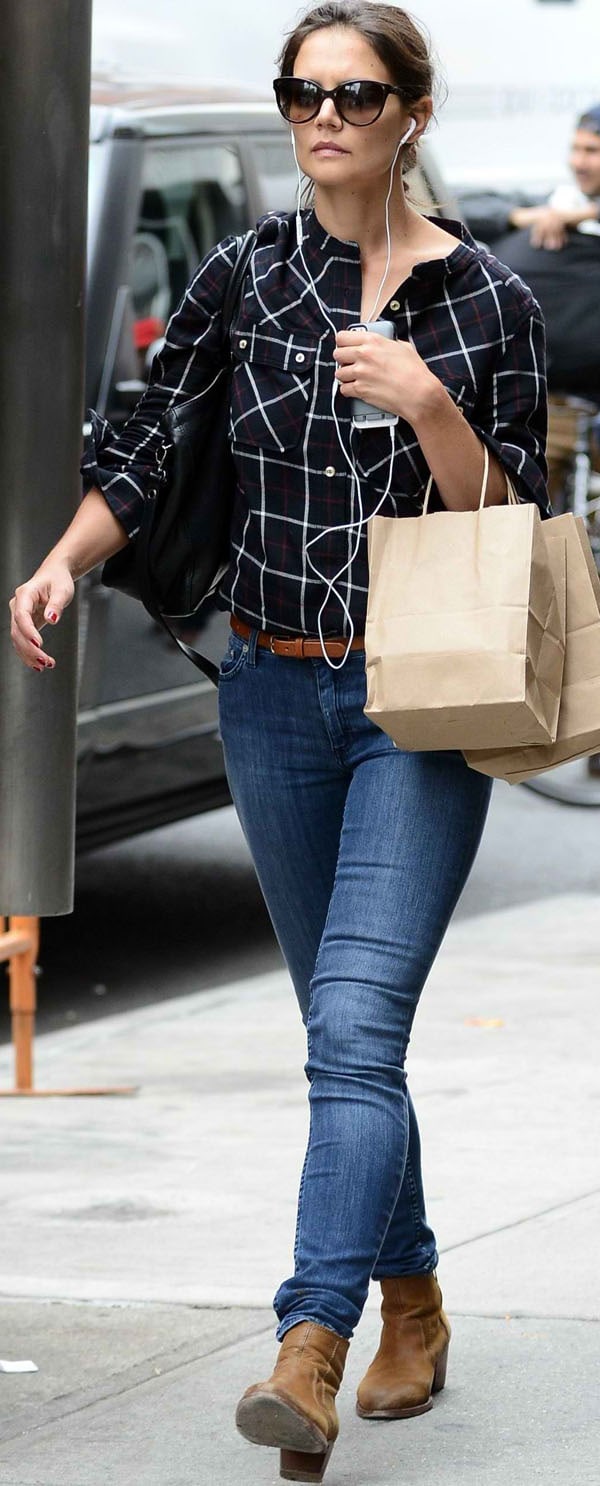 Katie Holmes styled an Isabel Marant Étoile Tucson check shirt with jeans