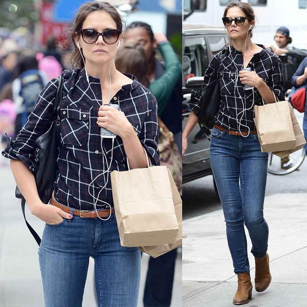 Katie Holmes carrying a few paper bags and a black Longchamp tote