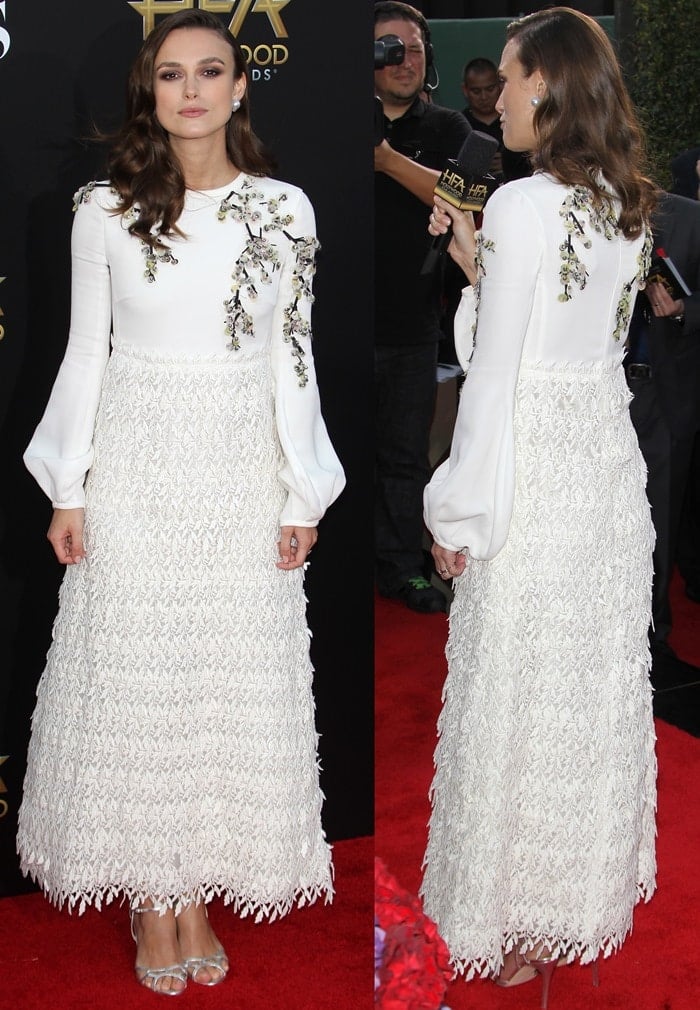 Keira Knightley stuns in an elegant Giambattista Valli Spring 2015 gown with intricate floral embellishments and silver sandals at the 2014 Hollywood Film Awards