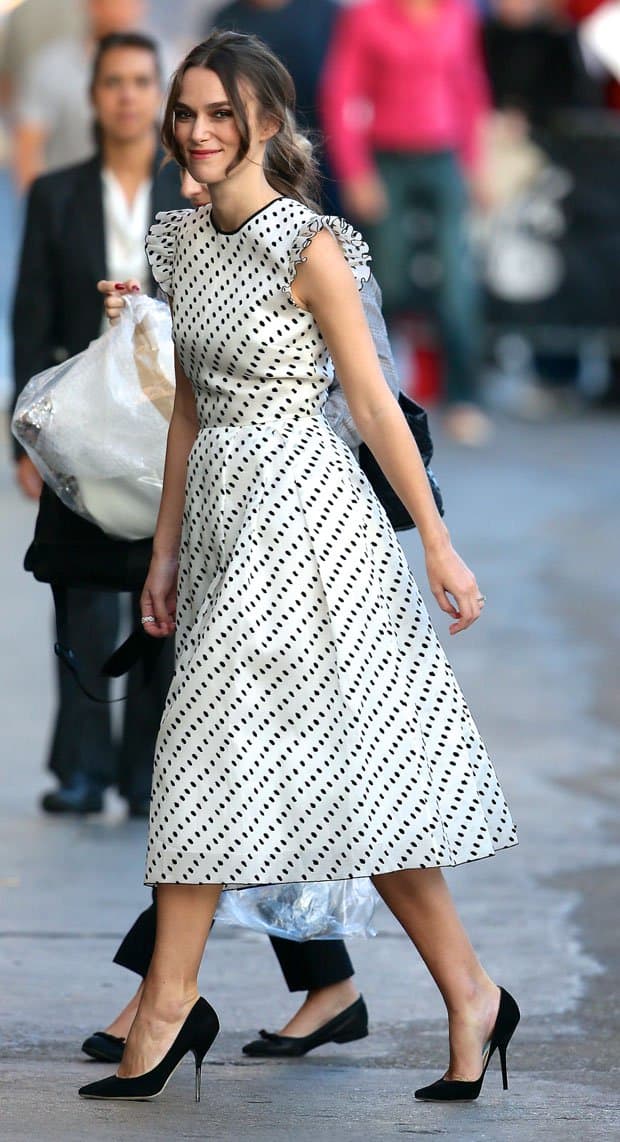 Dressed in a charming polka-dot Erdem dress, Keira Knightley exudes timeless elegance