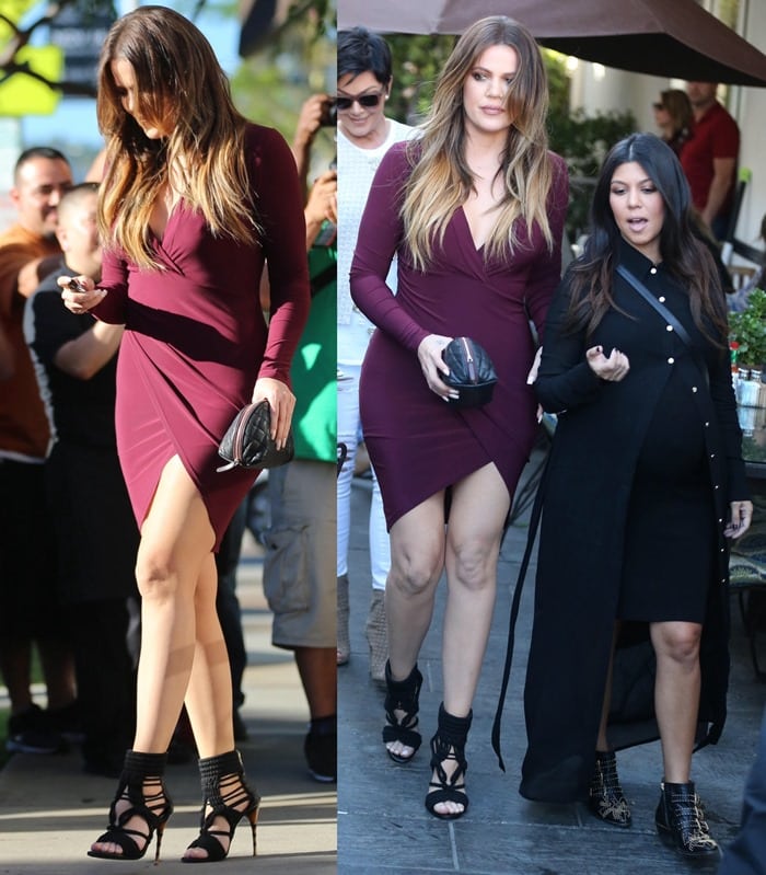 Khloe Kardashian wearing an ox blood 'Enaj Sensation' body-con dress by Just Enaj featuring a deep-V neckline and a front drape