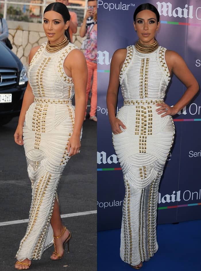 Kim Kardashian dazzled in a custom Balmain woven dress at the Cannes yacht party, pairing the intricate design with gold Tom Ford sandals and a statement choker necklace