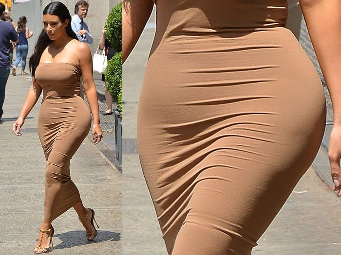 Kim Kardashian going apartment hunting in a Wolford Fatal dress and Tom Ford sandals