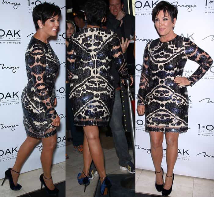 Kris Jenner dazzles in a sequined Monique Lhuillier dress, showcasing intricate patterns and a form-fitting design, paired with elegant ankle-strap pumps while celebrating her 59th birthday at 1 OAK Nightclub in Las Vegas