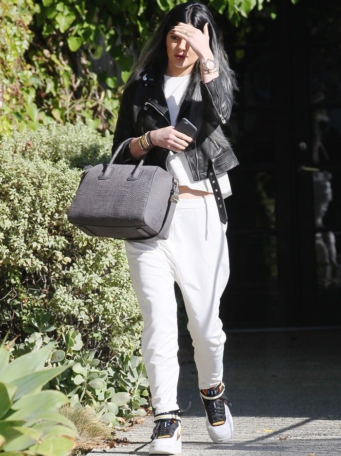 Kylie Jenner's white leather Nike x Riccardo Tisci Air Force 1 RT high-top sneakers