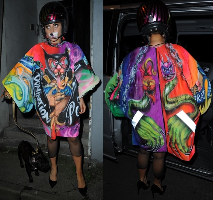 Lady Gaga in a graffiti-print silk dress emblazoned with animals and other images